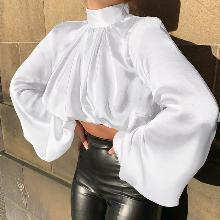 Color-Sexy Bottoming T-shirt Women Spring Loose Forged Surface Pleating Bishop Sleeves Top-Fancey Boutique
