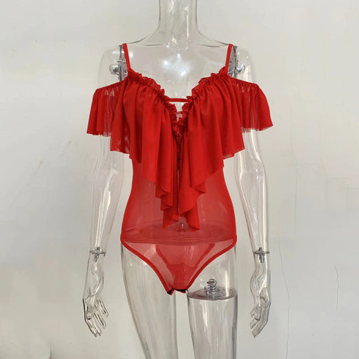 Color-Red-Sources New Suspender Mesh V-neck Sexy Bodysuit Spring Summer Popular Women Clothing-Fancey Boutique