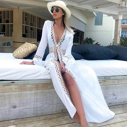 Color-White-Lace Cardigan Sun Protection Clothing Beach Jacket Swimsuit Bikini Cover-up Blouse-Fancey Boutique