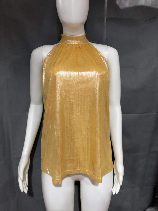 Color-Gold-Double Silver Halter Zipper Sleeveless T shirt Casual Top-Fancey Boutique