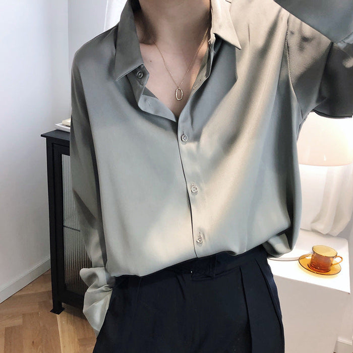 Color-Satin Chiffon Shirt Women Spring Fall Sense Niche Young Solid Color Drape Satin Top-Fancey Boutique