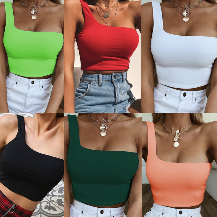 Color-Popular Sexy One Shoulder Cropped Top Women Clothing-Fancey Boutique