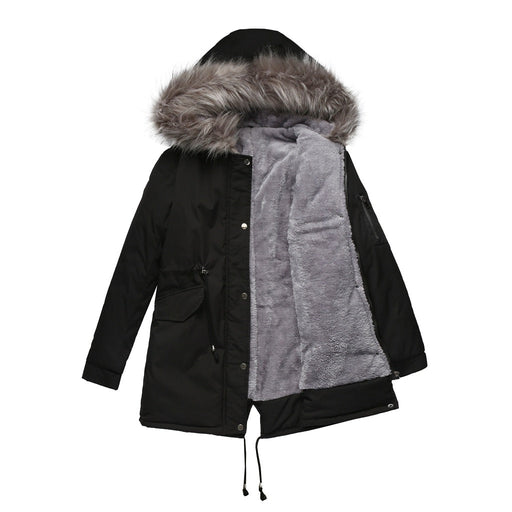 Color-Black-Size Big Fur Collar Thickened Women Cotton-Padded Coat Mid-Length Hooded Winter Warm Fleece Overcoat Cotton-Padded Coat-Fancey Boutique