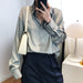 Color-Gray-Satin Chiffon Shirt Women Spring Fall Sense Niche Young Solid Color Drape Satin Top-Fancey Boutique