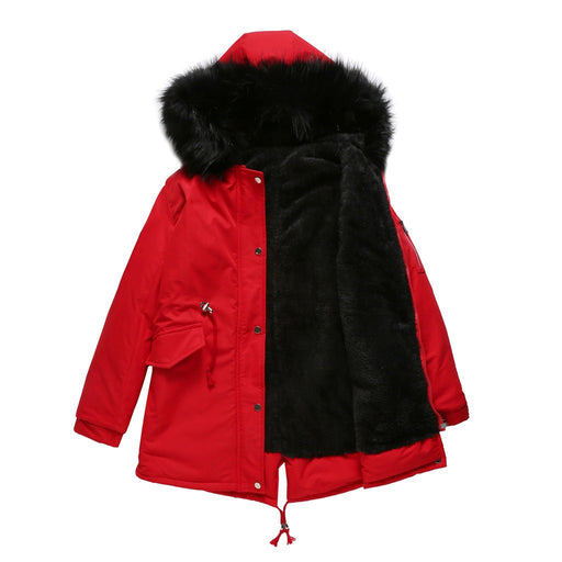 Color-Red-Size Big Fur Collar Thickened Women Cotton-Padded Coat Mid-Length Hooded Winter Warm Fleece Overcoat Cotton-Padded Coat-Fancey Boutique