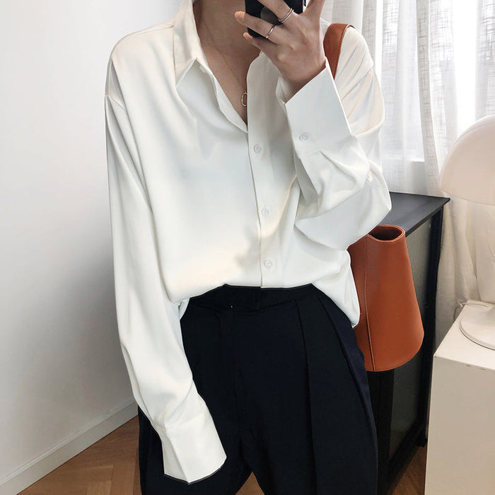 Color-Satin Chiffon Shirt Women Spring Fall Sense Niche Young Solid Color Drape Satin Top-Fancey Boutique