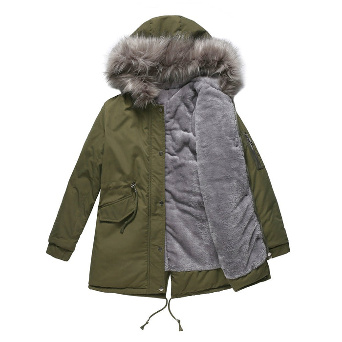 Color-Army Green-Size Big Fur Collar Thickened Women Cotton-Padded Coat Mid-Length Hooded Winter Warm Fleece Overcoat Cotton-Padded Coat-Fancey Boutique