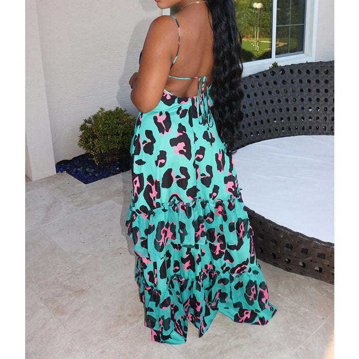 Color-Summer Black Women Sexy Strap Leopard Print Dress Maxi Dress-Fancey Boutique