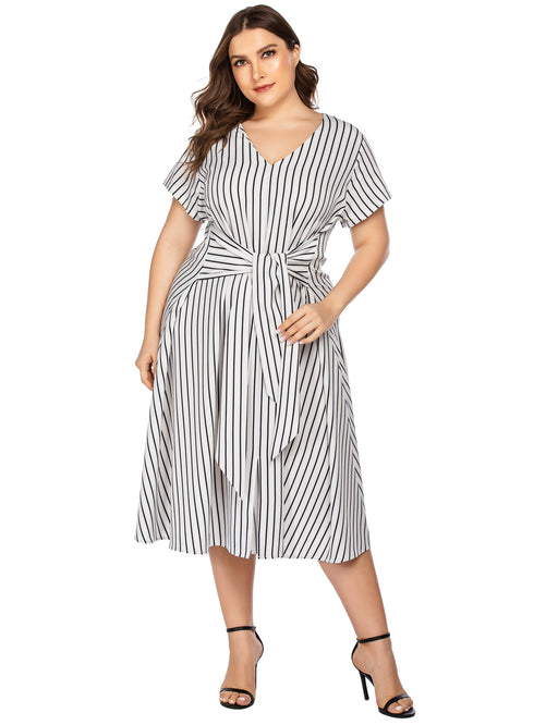 Color-Plus Size Women Clothing Dress Maxi Dress Chiffon Linen Striped Printed Casual Lace Up-Fancey Boutique