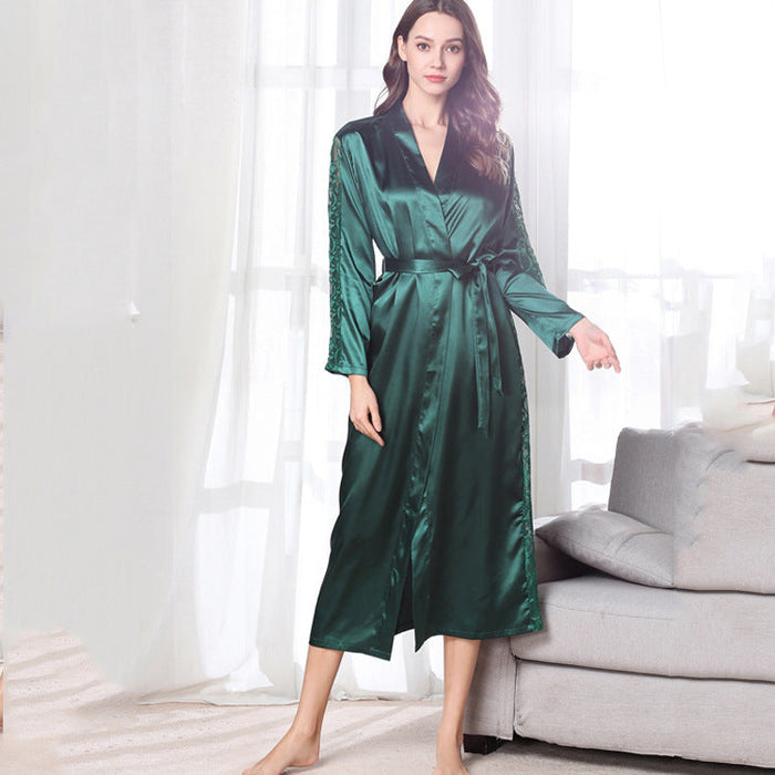 Color-Women Pajamas Emulation Silk Nightgown Lace-up Sexy Long Robe Bathrobe Solid Color Homewear-Fancey Boutique