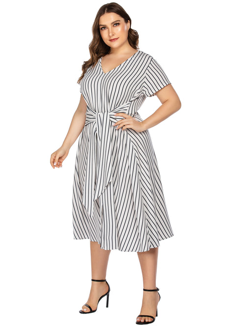 Color-Plus Size Women Clothing Dress Maxi Dress Chiffon Linen Striped Printed Casual Lace Up-Fancey Boutique