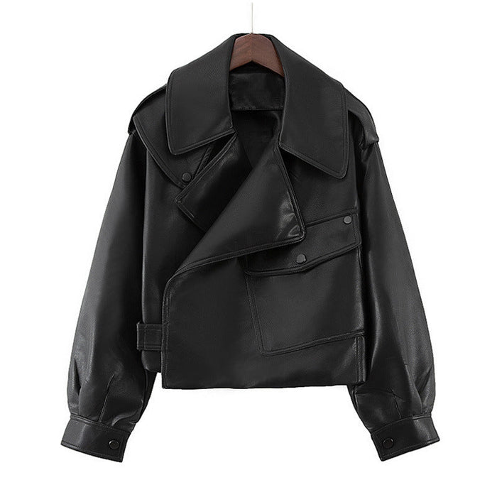 Color-Black-Women Loose Design Short Lapels Faux Leather Jacket Autumn Korean Motorcycle Leather Coat-Fancey Boutique