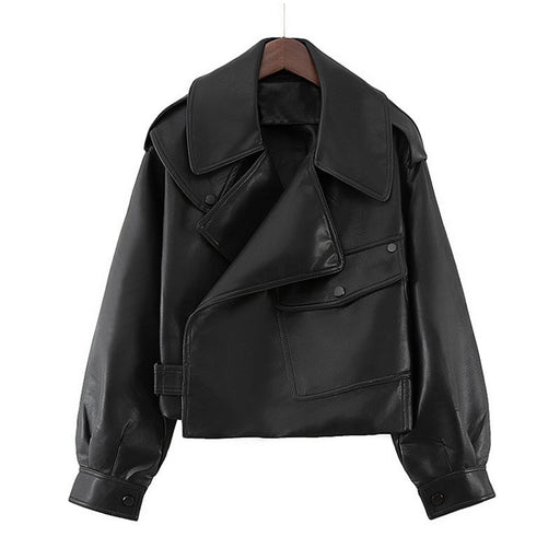 Color-Women Loose Design Short Lapels Faux Leather Jacket Autumn Korean Motorcycle Leather Coat-Fancey Boutique