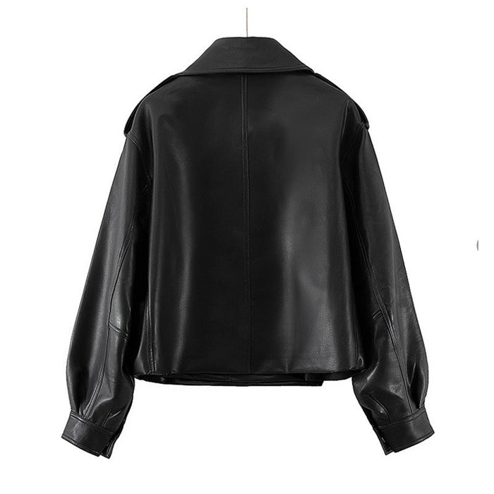 Color-Women Loose Design Short Lapels Faux Leather Jacket Autumn Korean Motorcycle Leather Coat-Fancey Boutique