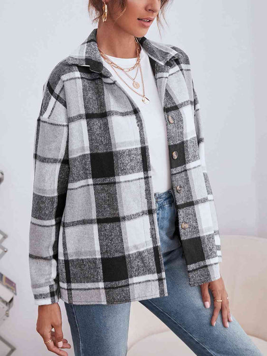 Color-Plaid Collared Neck Button Down Jacket-Fancey Boutique