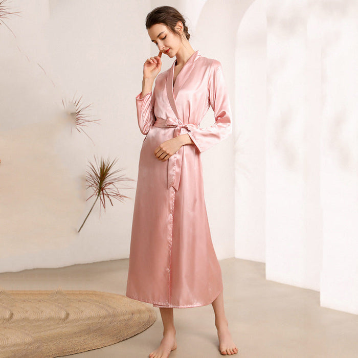 Color-Imitated Silk Pajamas Women Collared Long Robe Women Sexy Pajamas Bathrobe Homewear-Fancey Boutique