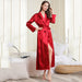 Color-Red-Imitated Silk Pajamas Women Collared Long Robe Women Sexy Pajamas Bathrobe Homewear-Fancey Boutique