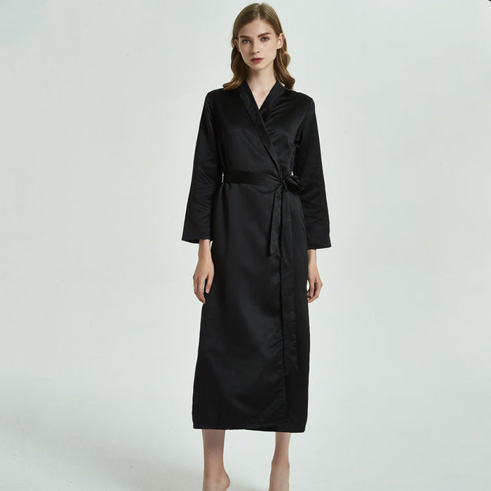 Color-Black-Imitated Silk Pajamas Women Collared Long Robe Women Sexy Pajamas Bathrobe Homewear-Fancey Boutique