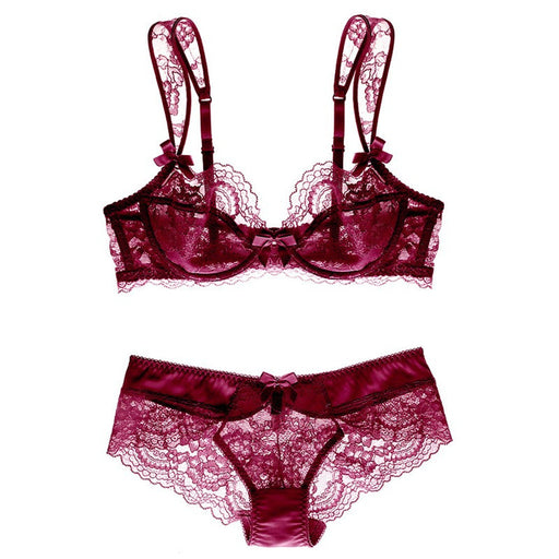 Color-Burgundy-Ultra Thin Underwear Women Sponge Free Maiden Sexy Lace Big Chest Small with Steel Ring Gathering Bra-Fancey Boutique