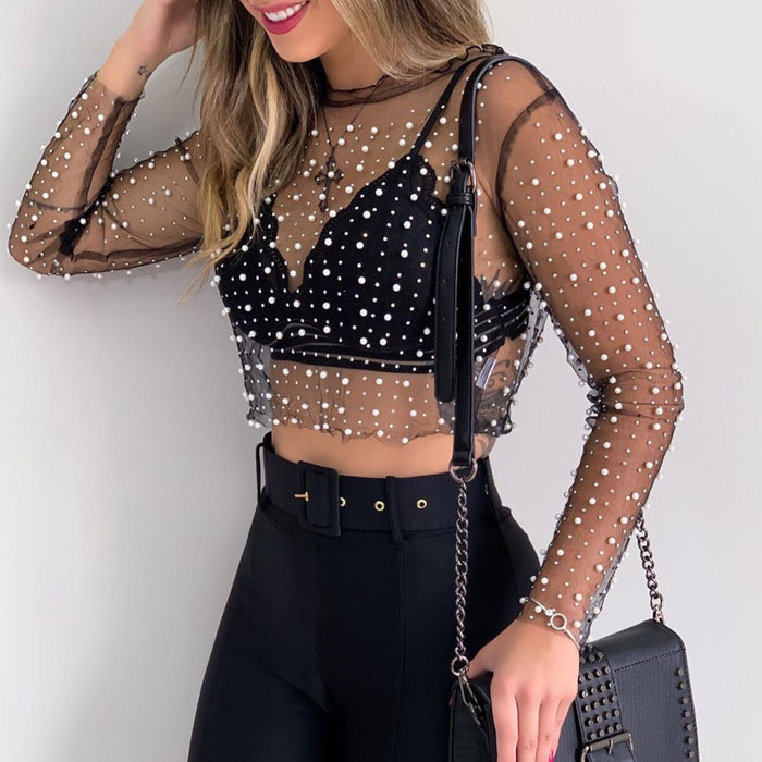 Color-Popular Super Fairy Sexy See-through Lace Shirt Bright Diamond Beads Inner Wear Outer Wear Mesh Long-Sleeved Top for Women-Fancey Boutique