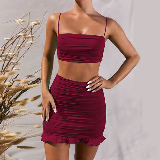 Color-Summer Sexy Sling Vest Pleated Two-piece Set Flounce Peplum Hip-wrapped Dress-Fancey Boutique