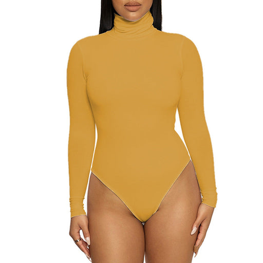 Color-Yellow-Autumn Winter Base Base Women Clothing Simple Turtleneck Long Sleeve Slim Bodysuit Bodysuit-Fancey Boutique