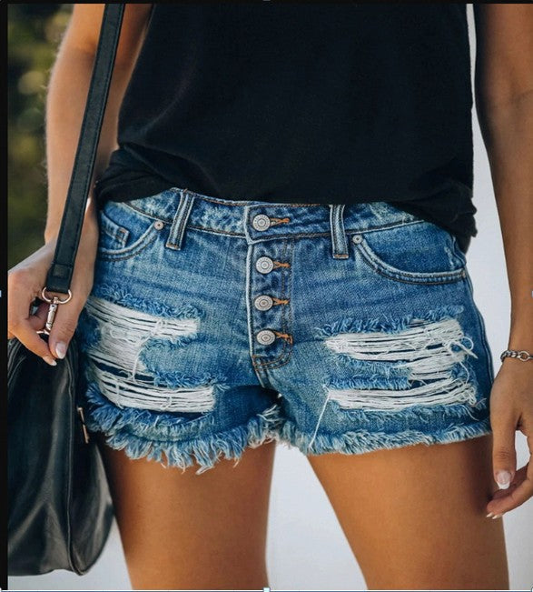 Color-Navy Blue-Summer Ripped Tassel Denim Shorts Women Pants-Fancey Boutique