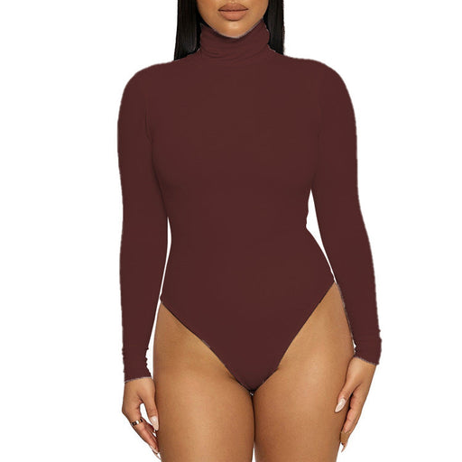 Color-Burgundy-Autumn Winter Base Base Women Clothing Simple Turtleneck Long Sleeve Slim Bodysuit Bodysuit-Fancey Boutique