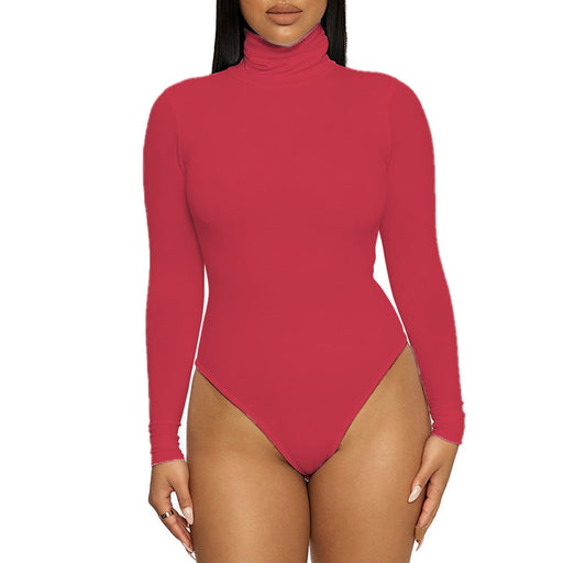 Color-Red-Autumn Winter Base Base Women Clothing Simple Turtleneck Long Sleeve Slim Bodysuit Bodysuit-Fancey Boutique