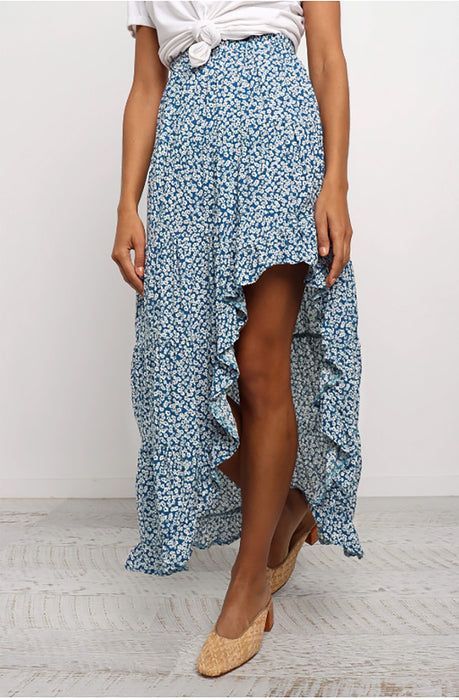 Color-Spring Summer Printed Elastic Waist Irregular Asymmetric Ruffled Women Skirt-Fancey Boutique