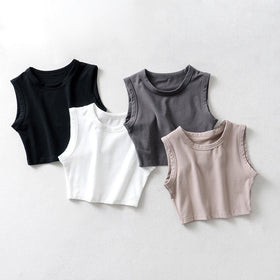 Color-Summer New Women Clothing Top Riding Vest Cotton Solid Color Wide-Brimmed Short Cropped Tank Top-Fancey Boutique