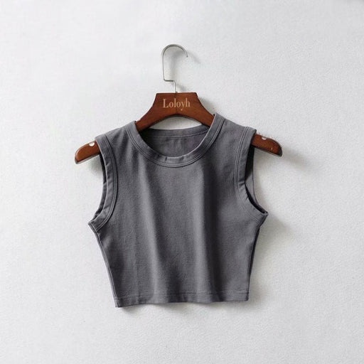 Color-Gray-Summer New Women Clothing Top Riding Vest Cotton Solid Color Wide-Brimmed Short Cropped Tank Top-Fancey Boutique