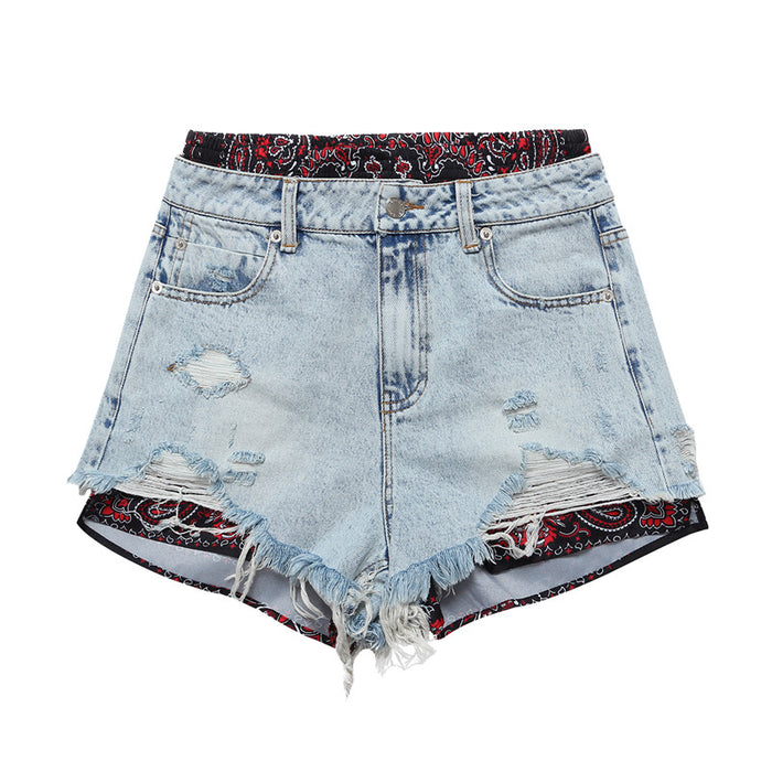 Color-Floral Stitching Denim Casual Faux Two Piece Denim Shorts Pants Women-Fancey Boutique