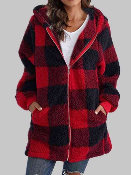 Color-S-Plaid Zip-Up Hooded Jacket with Pockets-Fancey Boutique