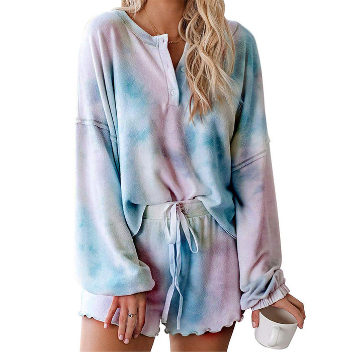 Color-Tie-Dye Printing Casual Sports Sweater Home Half Sleeve Ruffled two piece set Women-Fancey Boutique