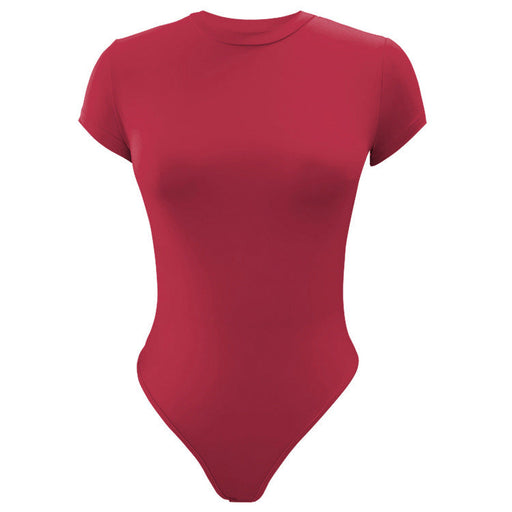 Color-Red-Solid Color Bottoming WomenClothing Basic Casual Short Sleeve round Neck Tight Bodysuit Summer-Fancey Boutique