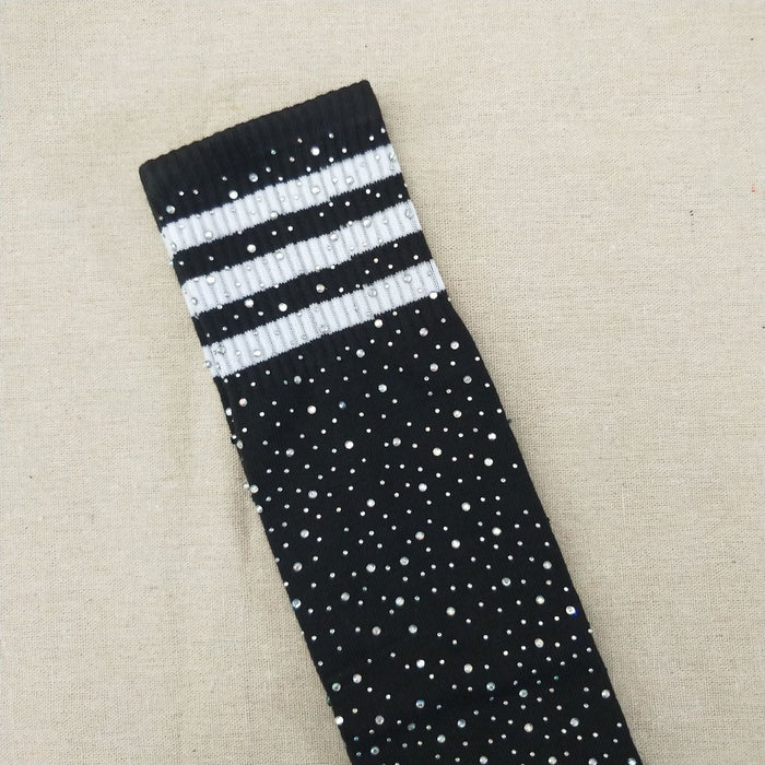 Color-Black Socks White Stripes-Sexy Rhinestone Knee Socks Striped Women Stockings Rhinestone Socks High-Top Cotton Socks-Fancey Boutique