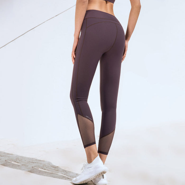 Color-Dark Purple Red-Mesh Stretch Quick Drying Tight Yoga Pants High Waist Hip Lift Ankle Length Pants Sports Running Fitness Pants Women-Fancey Boutique