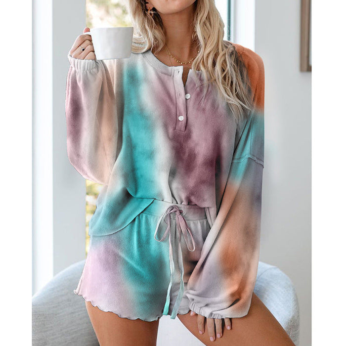 Color-Purple-Tie-dyed Printed Casual Long Sleeve Shorts Set-Fancey Boutique