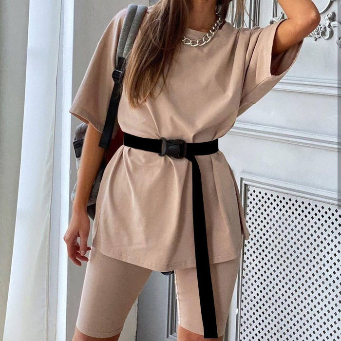 Color-Women Clothing Two-piece Set With Belt Solid Color Home Loose Sports Casual Set-Fancey Boutique