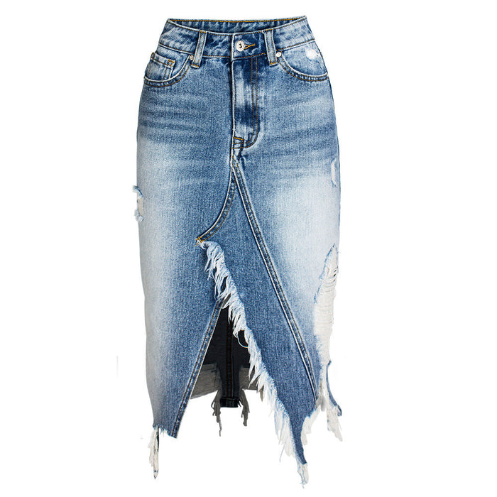 Color-Blue-Women Skirt Irregular Asymmetric Tassel Ripped Denim Skirt Hip Skirt Mid Skirt-Fancey Boutique