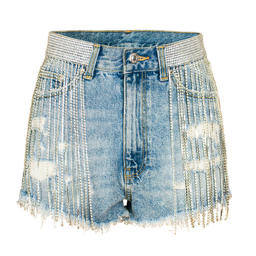 Color-light blue-Summer Nightclub Tassel Wide Leg High Waist Heavy Industry Tide Drill Chain Denim Shorts for Women-Fancey Boutique