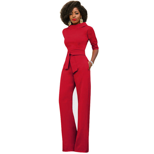 Color-Red-Fall Women Clothing Solid Color Polo Collar Five Quarter Sleeve High Waist Wide Leg Jumpsuit-Fancey Boutique