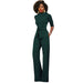 Color-blackish green-Fall Women Clothing Solid Color Polo Collar Five Quarter Sleeve High Waist Wide Leg Jumpsuit-Fancey Boutique