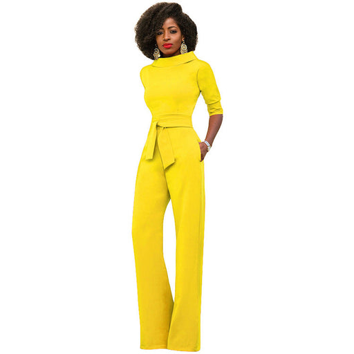 Color-Yellow-Fall Women Clothing Solid Color Polo Collar Five Quarter Sleeve High Waist Wide Leg Jumpsuit-Fancey Boutique
