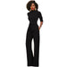 Color-Black-Fall Women Clothing Solid Color Polo Collar Five Quarter Sleeve High Waist Wide Leg Jumpsuit-Fancey Boutique