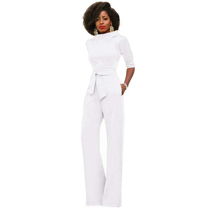 Color-White-Fall Women Clothing Solid Color Polo Collar Five Quarter Sleeve High Waist Wide Leg Jumpsuit-Fancey Boutique