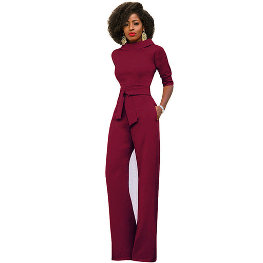 Color-Burgundy-Fall Women Clothing Solid Color Polo Collar Five Quarter Sleeve High Waist Wide Leg Jumpsuit-Fancey Boutique