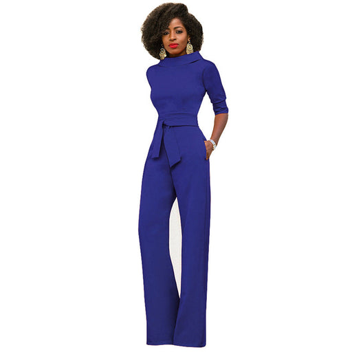 Color-Fall Women Clothing Solid Color Polo Collar Five Quarter Sleeve High Waist Wide Leg Jumpsuit-Fancey Boutique