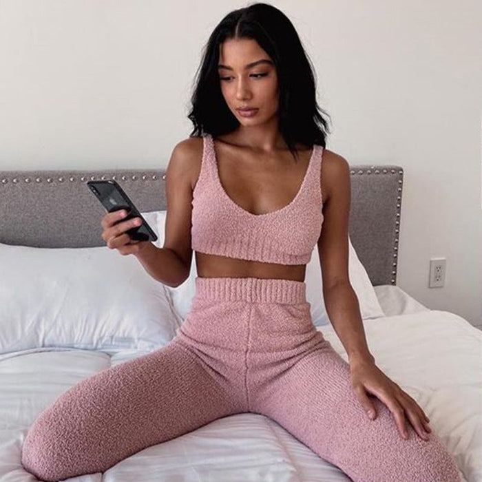 Color-Pink-Casual Plush Sweater V-neck Cropped Vest Pants Two-piece Suit For Women Fluffy-Fancey Boutique